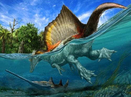 Un dinosaure en train de nager dans l'eau.