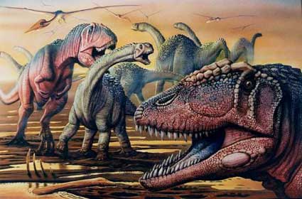 Le dinosaure Carcharodontosaurus  attaquant pour se nourrir des végétivores.