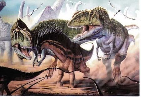 Dinosaures Giganotosaurus attaquant une proie.