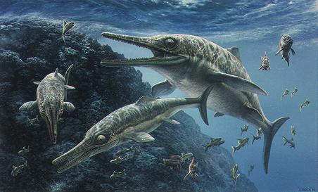Groupe de reptiles marins Ichtyosaurus.