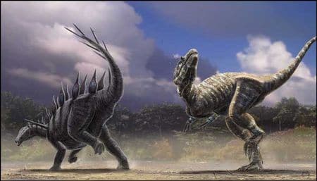 Le stégosaure Lexovisaurus se défend contre l’attaque d’un dinosaure Allosaurus carnivore.