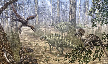 Le dinosaure Rhabdodon menacé par le dinosaure Variraptor.