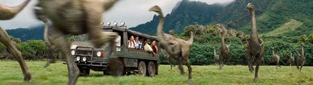 Troupeau de dinosaure Gallimimus dans le film Jurassic World.