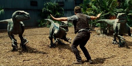 Owen Grady avec les Velociraptors du film Jurassic World.
