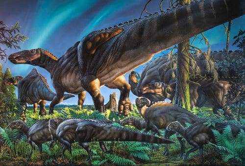 Un troupeau de dinosaures Ugrunaaluk kuukpikensis, avec des animaux adultes et des juvéniles.