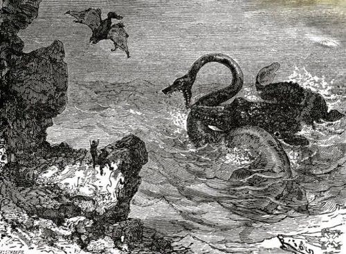Les monstres marins du livre Voyage au centre de la Terre de Jules Verne.