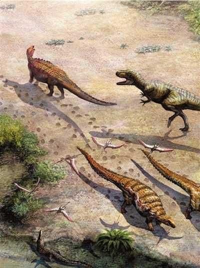 Reconstitution du dinosaure qui a laissé les empreintes fossilisées.